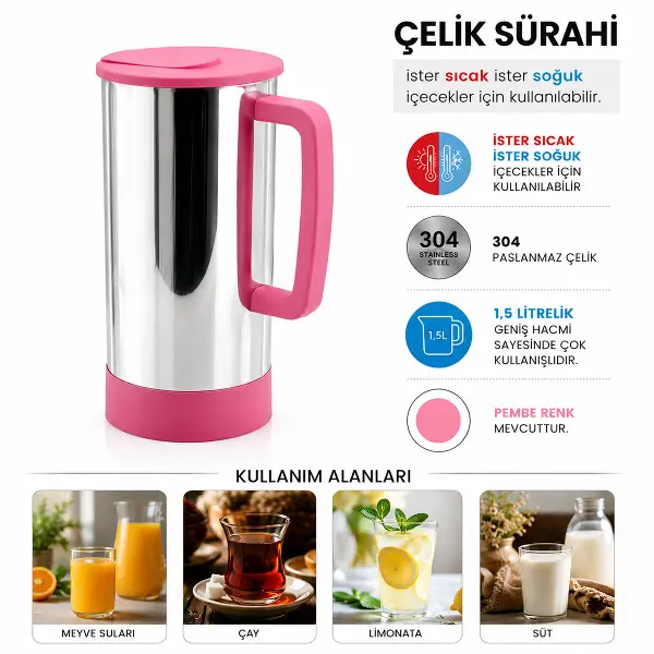 PEMBE - PASLANMAZ ÇELİK SICAK - SOĞUK ÇELİK SÜRAHİ (4745)