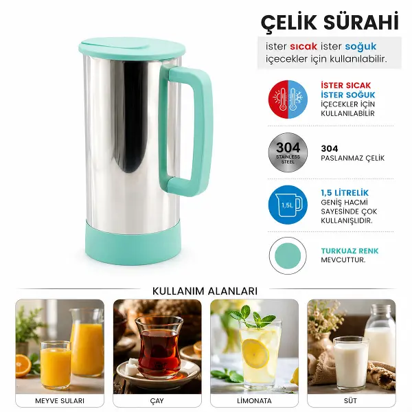 TURKUAZ - PASLANMAZ ÇELİK SICAK - SOĞUK ÇELİK SÜRAHİ (4745)