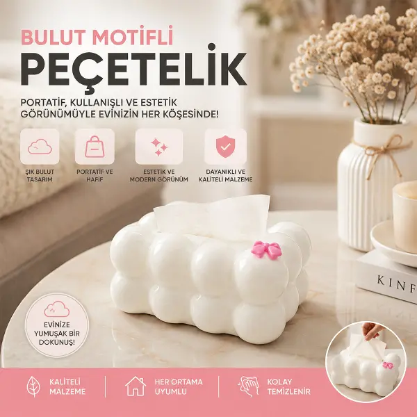 19X12.5X8.5CM BEYAZ YAYLI MASAÜSTÜ BUBBLE DEKORATİF BULUT PEÇETELİK (4745)
