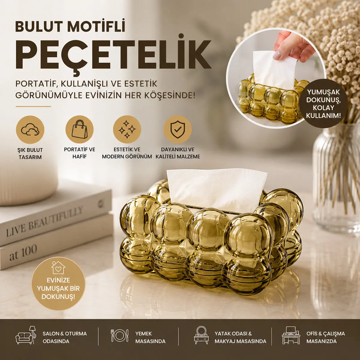 19X13X9CM KAHVERENGİ ŞEFFAF YAYLI MASAÜSTÜ BUBBLE DEKORATİF BULUT PEÇETELİK (4745)
