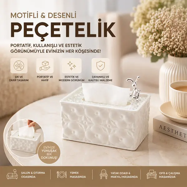 18.4X12.5X9CM BEYAZ YAYLI MASAÜSTÜ DEKORATİF DİKDÖRTGEN PEÇETELİK (4745)