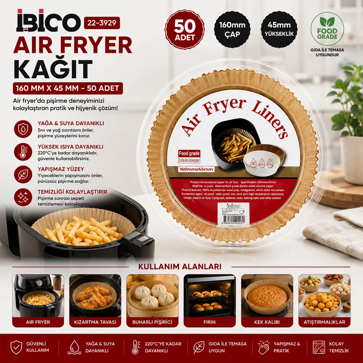 50PCS YUVARLAK TABAN: 16CM - KENAR: 4.5CM AİR FRYER PİŞİRME KALIP KAĞIT (4745)-2 50PCS YUVARLAK TABAN: 16CM - KENAR: 4.5CM AİR FRYER PİŞİRME KALIP KAĞIT (4745)-2