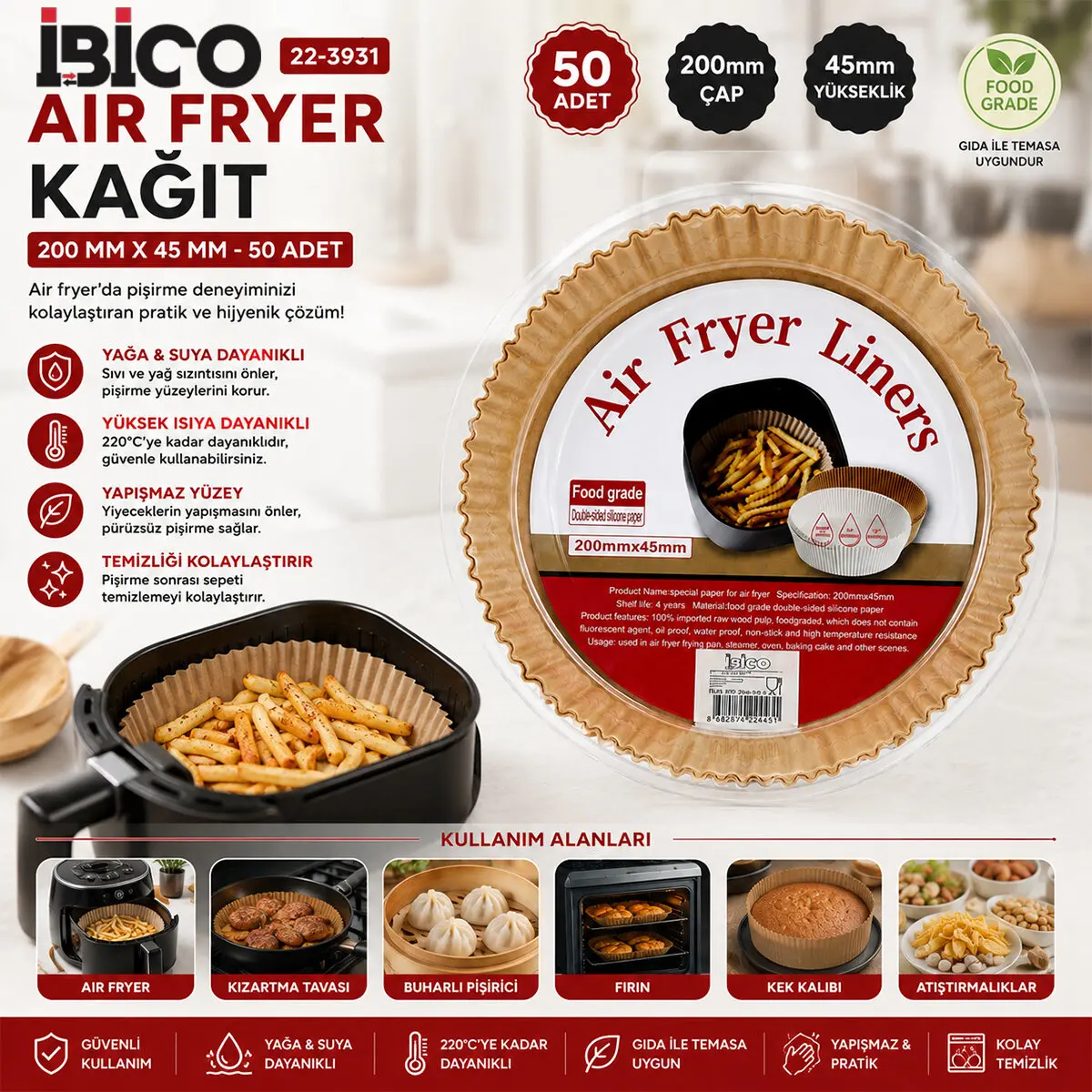50PCS YUVARLAK TABAN: 20CM - KENAR: 4.5CM AİR FRYER PİŞİRME KALIP KAĞIT (4745)-2 50PCS YUVARLAK TABAN: 20CM - KENAR: 4.5CM AİR FRYER PİŞİRME KALIP KAĞIT (4745)-2