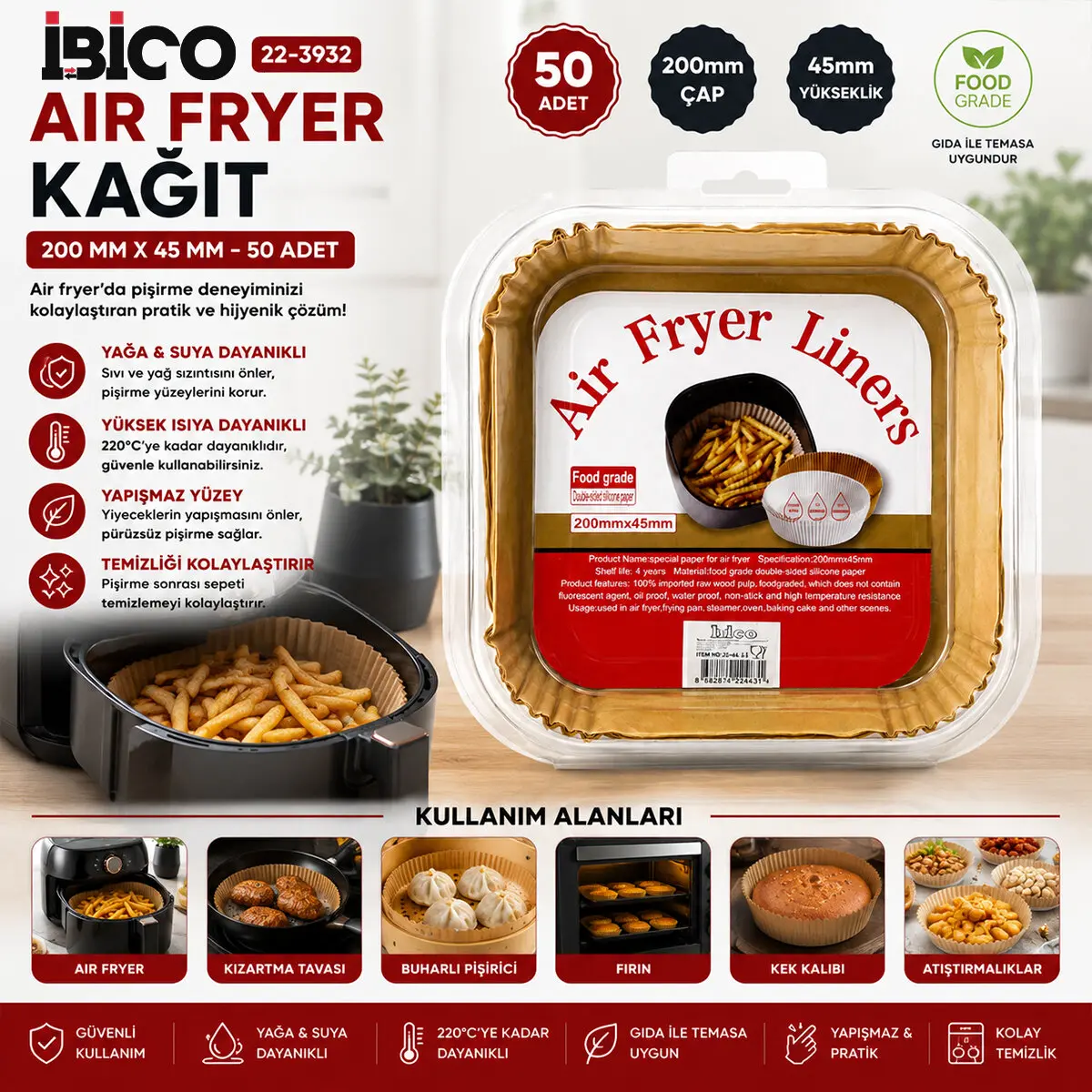50PCS KARE TABAN: 20CM - KENAR: 4.5CM AİR FRYER PİŞİRME KALIP KAĞIT (4745)-2