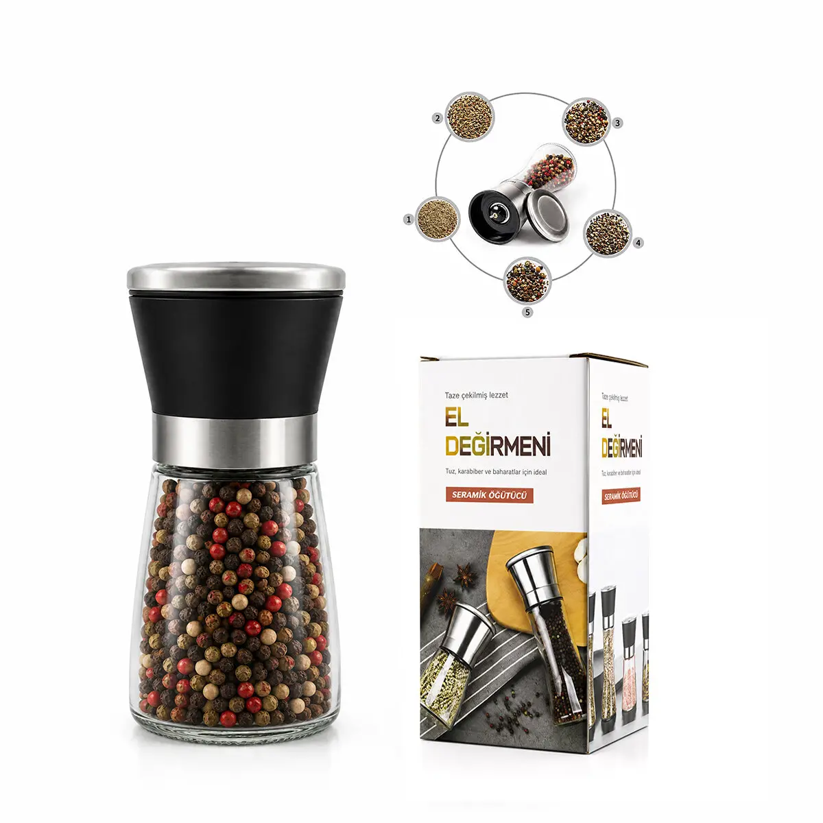 HAND GRINDER KÜÇÜK CAM HAZNELİ - PLS.KAPAKLI - KROM BELLİ TUZ - BAHARAT ÖĞÜTÜCÜ (4745)