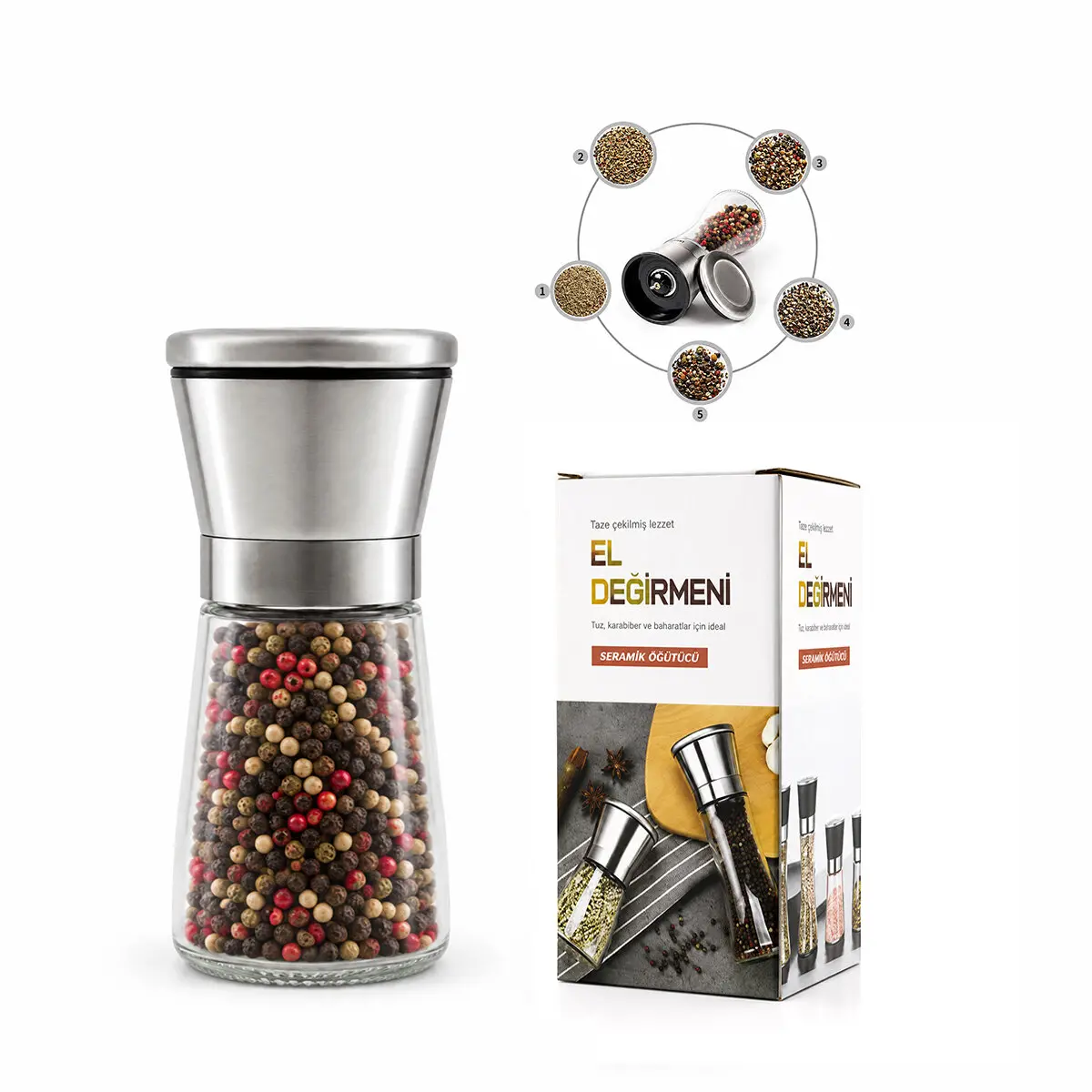 HAND GRINDER KÜÇÜK CAM HAZNELİ - KROM KAPLAMA PLS.KAPAKLI TUZ - BAHARAT ÖĞÜTÜCÜ İ22-411 (4745)