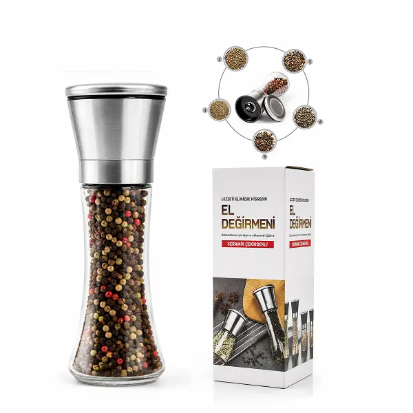 HAND GRINDER BÜYÜK CAM HAZNELİ - KROM KAPLAMA PLS.KAPAKLI TUZ - BAHARAT ÖĞÜTÜCÜ (4745)