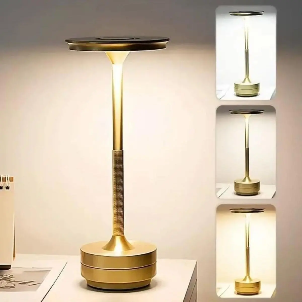 Eskitme Gold Kasa Dokunmatik Şarjlı Masa Lambası – 3 Renk Işık Modlu, LED Aydınlatmalı, Modern & Dekoratif Abajur (4745)