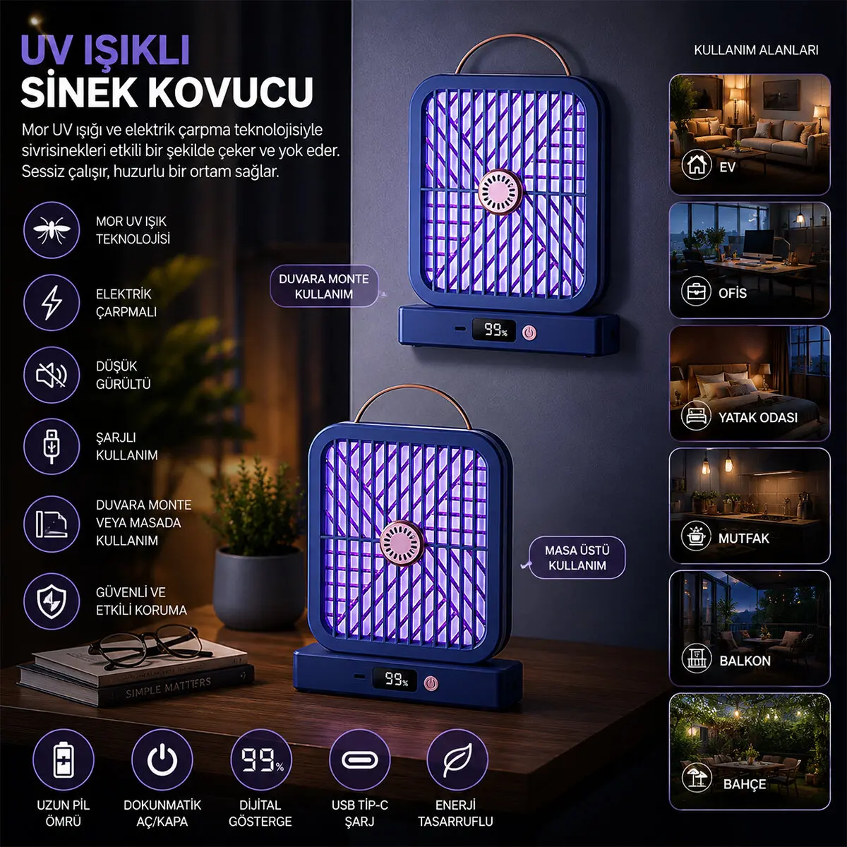 USB ŞARJLI - ELEKTRİK ÇARPMALI - DİJİTAL EKRAN ASMA APARAT - SESSİZ ÇALIŞMA UV IŞIKLI SİNEK KOVUCU HS-371 (4745)-2