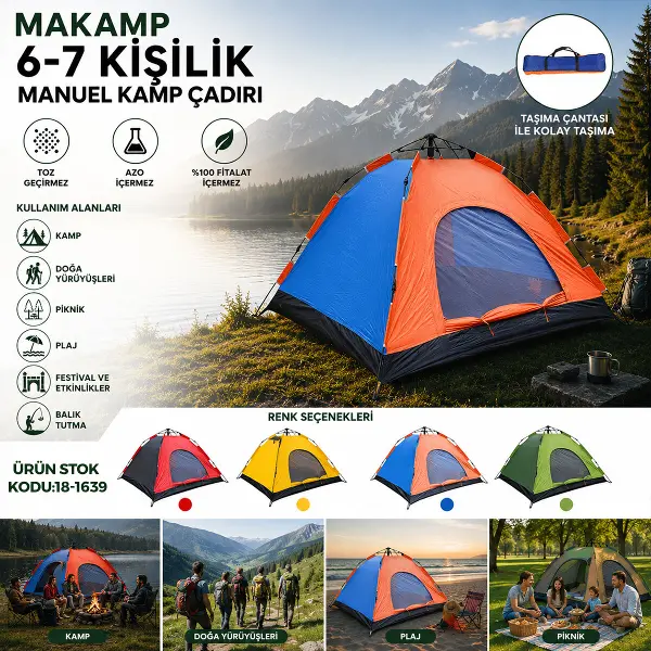 6-7 KİŞİLİK TOZ GEÇİRMEZ 220CMX250CMX150CM MANUEL KAMP ÇADIR HERHANGİ BİR RENK GÖNDERİLİR (4745)