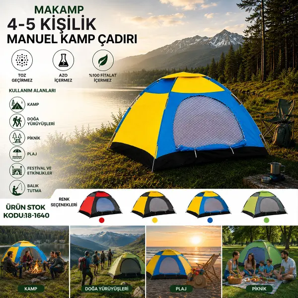 4-5 KİŞİLİK TOZ GEÇİRMEZ 200CMX200CMX135CM MANUEL KAMP ÇADIR HERHANGİ BİR RENK GÖNDERİLİR (4745)