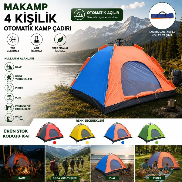 4 KİŞİLİK TOZ GEÇİRMEZ 200CMX200CMX135CM OTOMATİK KAMP ÇADIR HERHANGİ BİR RENK GÖNDERİLİR (4745)