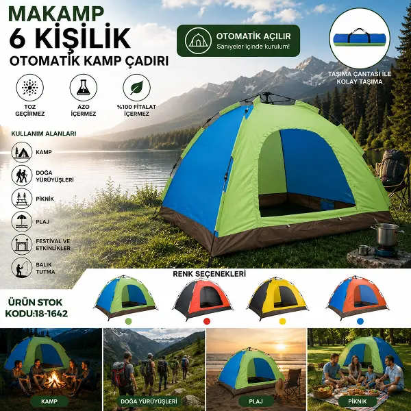 6 KİŞİLİK TOZ GEÇİRMEZ 220CMX250CMX165CM OTOMATİK KAMP ÇADIR HERHANGİ BİR RENK GÖNDERİLİR (4745)