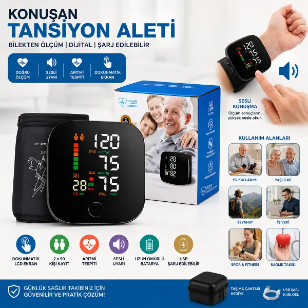 BİLEK ÖLÇÜM 7X8.3CM USB SARJLI - DİJİTAL KONUŞAN TANSİYON ALETİ BK-606 (4745)