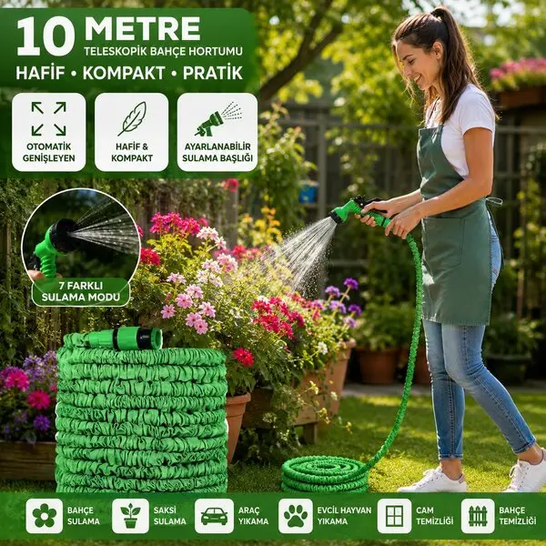 10 MT TELESKOPİK UZAYAN BAHÇE HORTUMU 7 FONKSİYON AYARLI TETİKLİ TABANCA (4745)