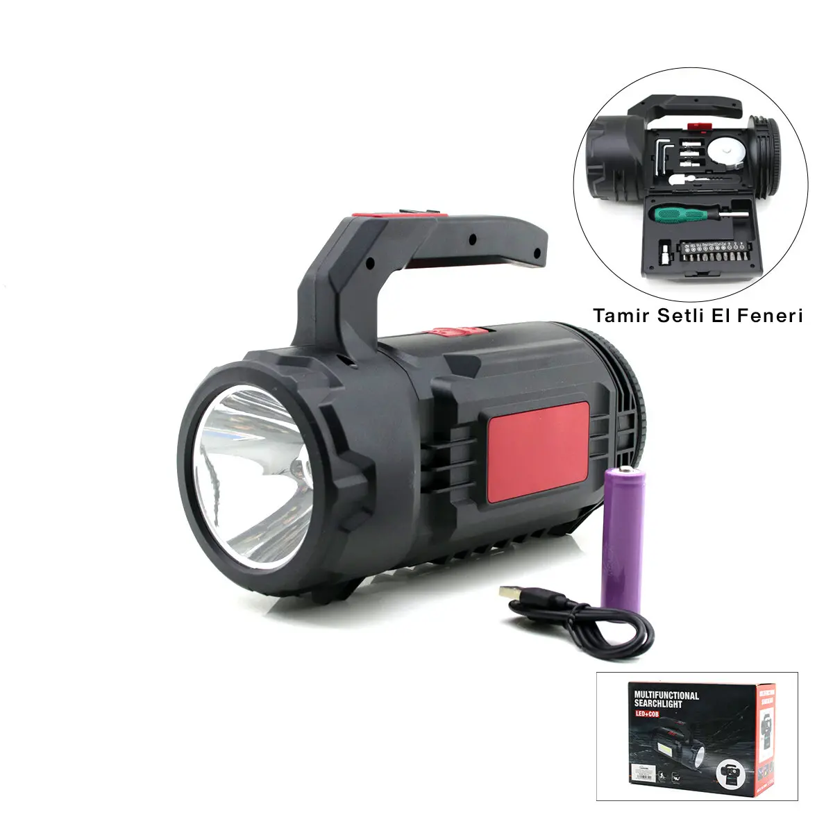 2İN1 19PCS = TAMİR - HIRDAVAT SETİ EL FENER - PROJEKTÖR LED + COB USB - TYPE-C - PİL ŞARJLI HS-310 (4745)