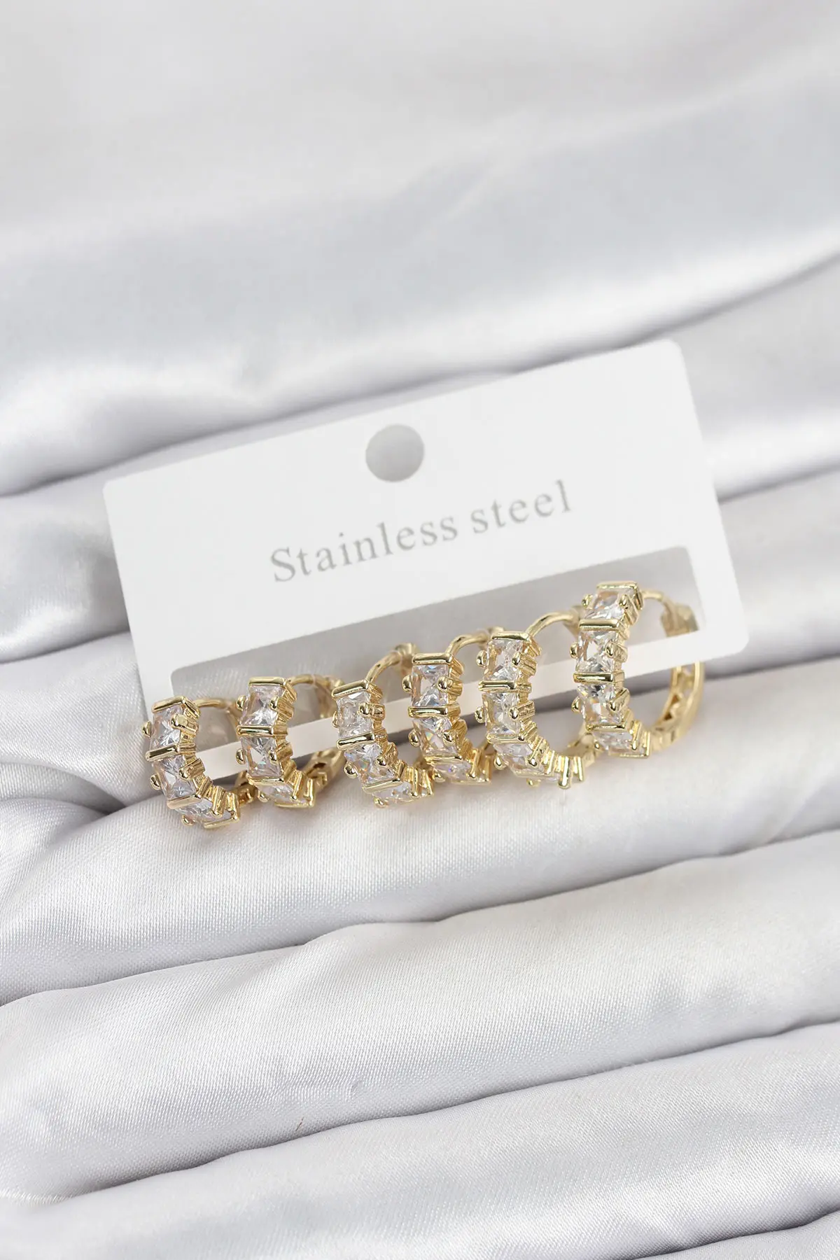 316L Çelik Gold Renk Baget Zirkon Taşlı Halka Küpe Seti - TJ-BKP11528