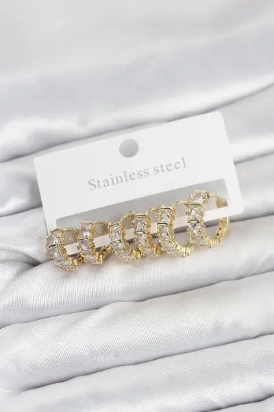 316L Çelik Gold Renk Baget Zirkon Taşlı Halka Küpe Seti - TJ-BKP11528