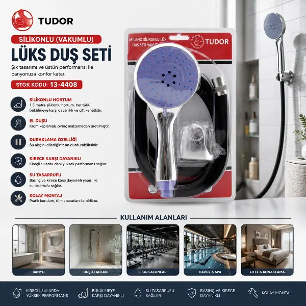 MİLANO VAKUMLU - SİLİKON LÜKS DUŞ SETİ DUŞ BAŞLIK=MİX SİLİKON HORTUM=1.5MT MAFSAL=3 KADEME (4745)
