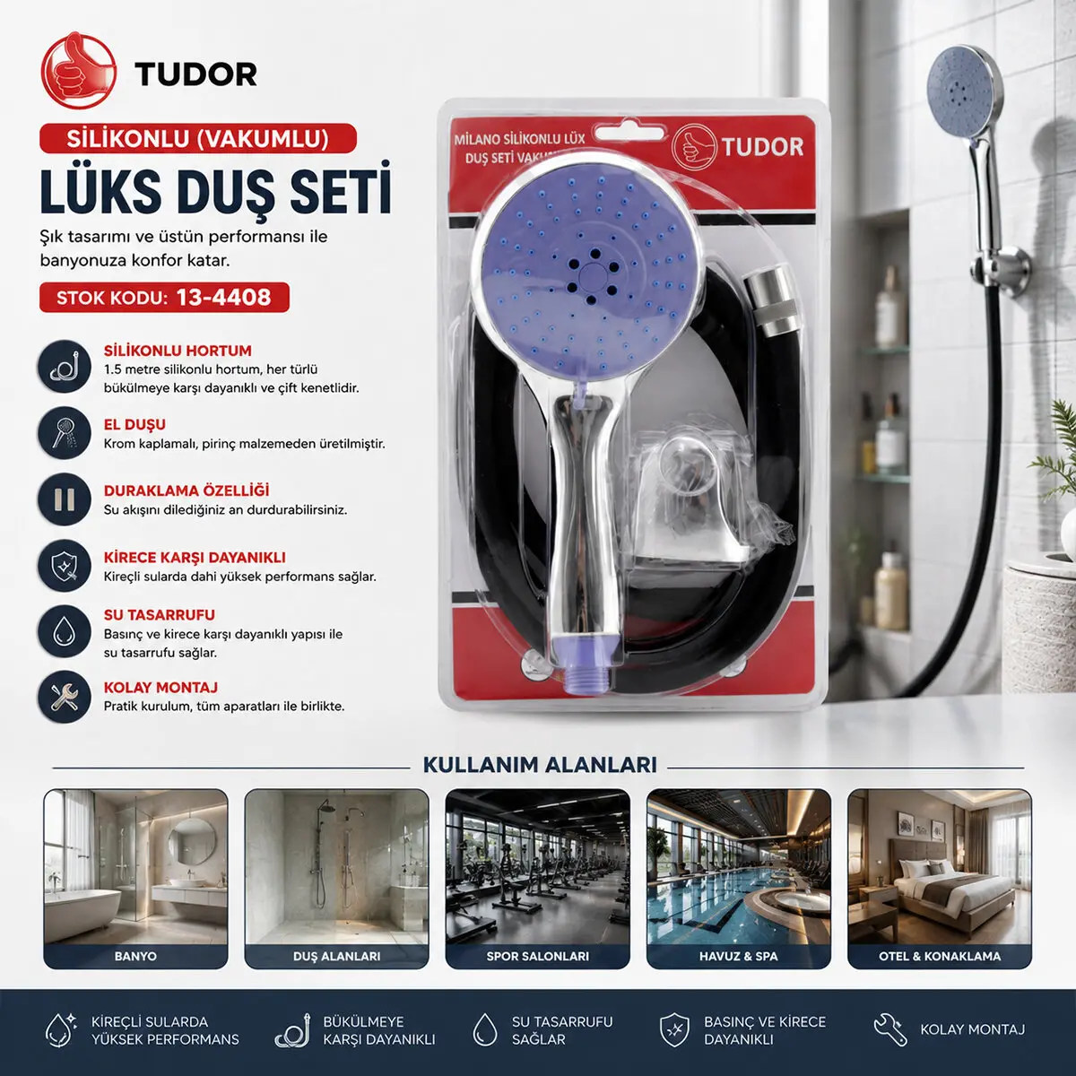 MİLANO VAKUMLU - SİLİKON LÜKS DUŞ SETİ DUŞ BAŞLIK=MİX SİLİKON HORTUM=1.5MT MAFSAL=3 KADEME (4745)