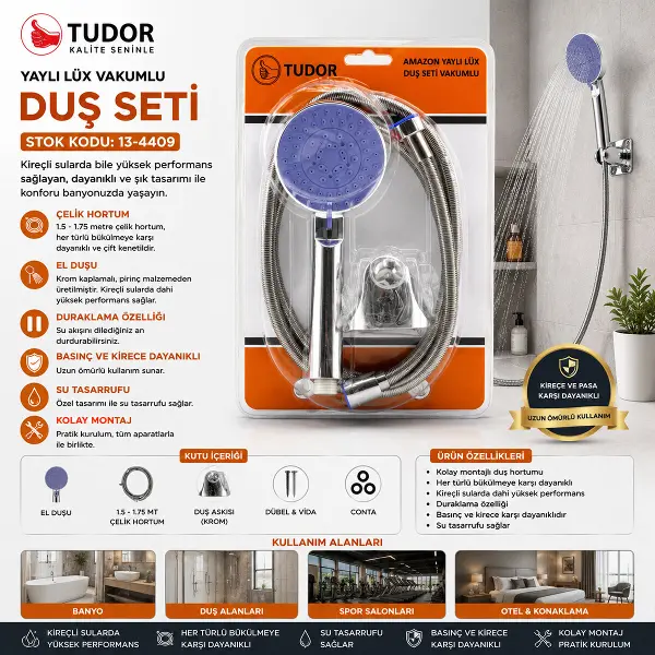 VAKUMLU - KROM LÜKS DUŞ SETİ METAL YAYLI HORTUM=150CM MAFSAL (4745)