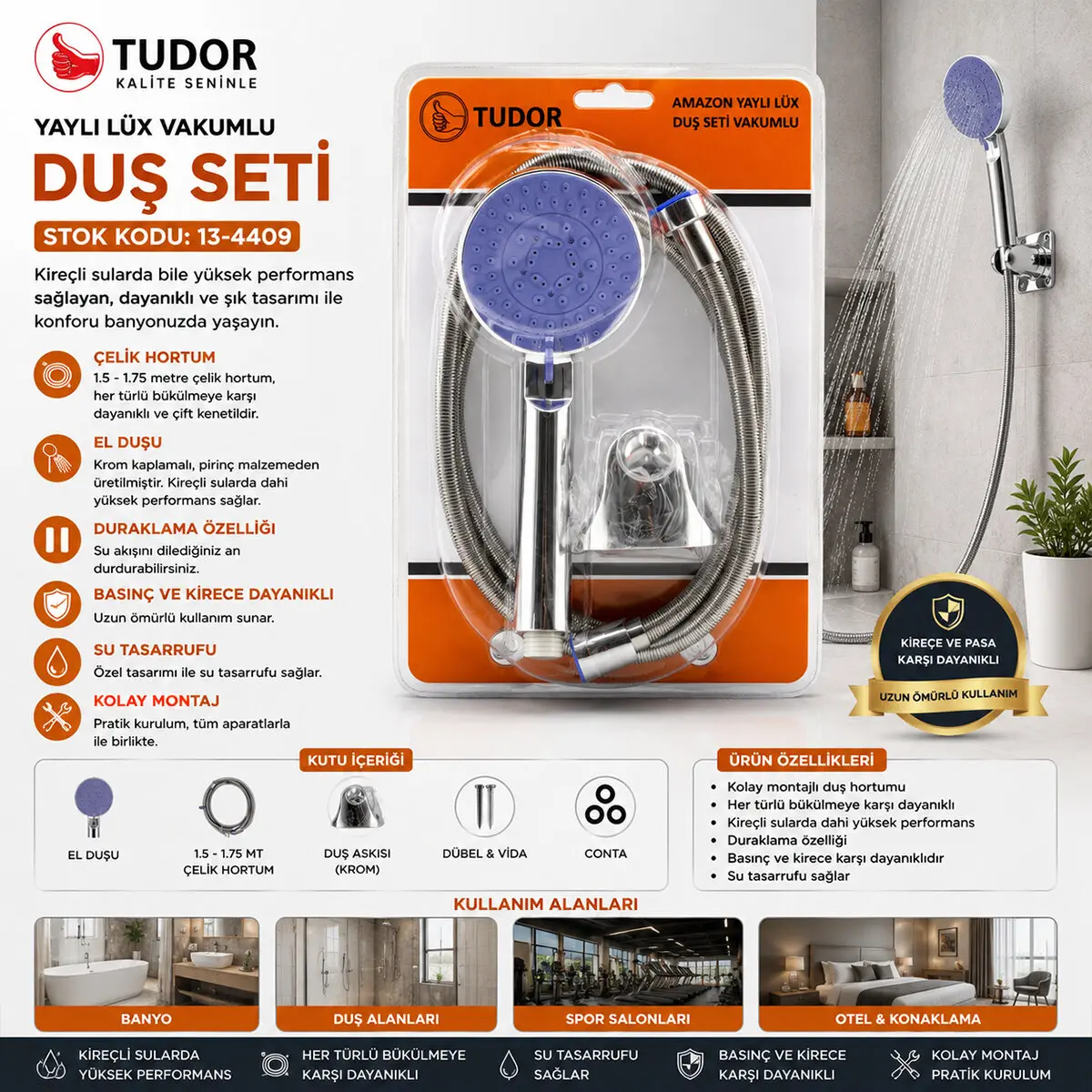 VAKUMLU - KROM LÜKS DUŞ SETİ METAL YAYLI HORTUM=150CM MAFSAL (4745)