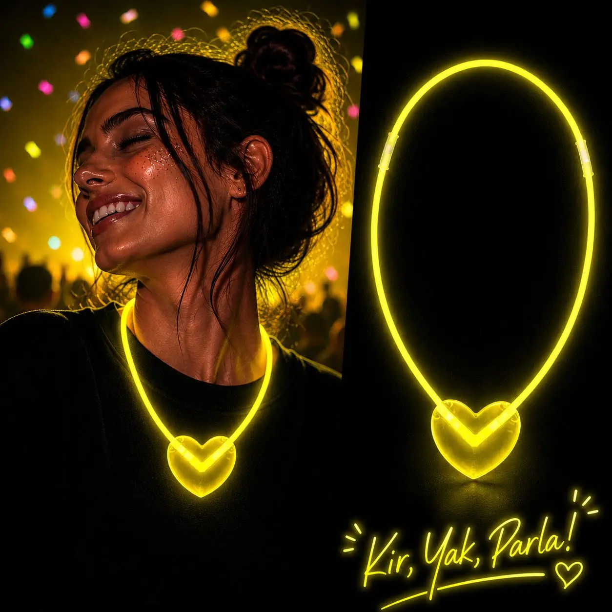 Neon Işıklı Fosforlu Kalp Parti Kolyesi Sarı Renk (4745)