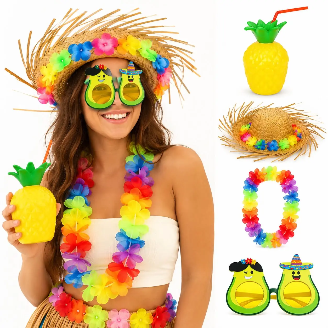 4 Parça Hawaii Parti Seti Ananas Bardak Hasır Şapka Avokado Gözlük Çiçek Kolye (4745)