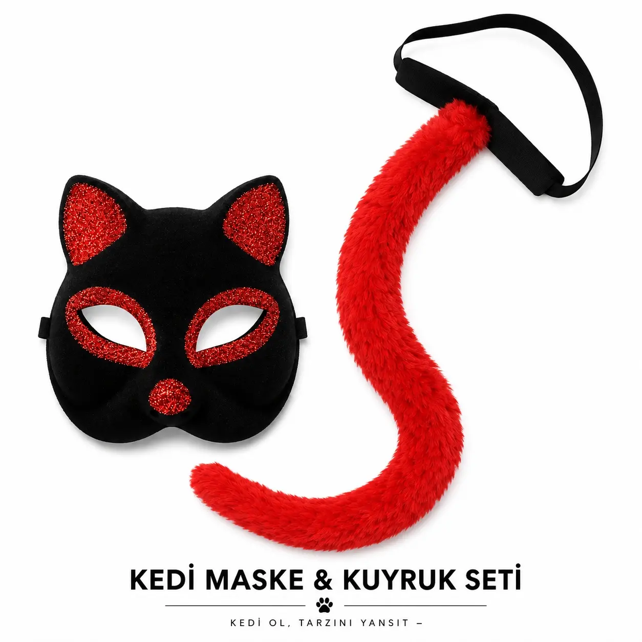 Kırmızı Kedi Maske ve Kuyruk Seti Parti Kostüm Aksesuarı (4745)