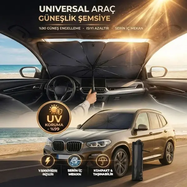 Premium Katlanabilir Araç Ön Cam Güneşliği – Şemsiye Tipi Oto Güneşlik, UV Korumalı Isı Yalıtımlı Ön Cam Gölgelik (4745)