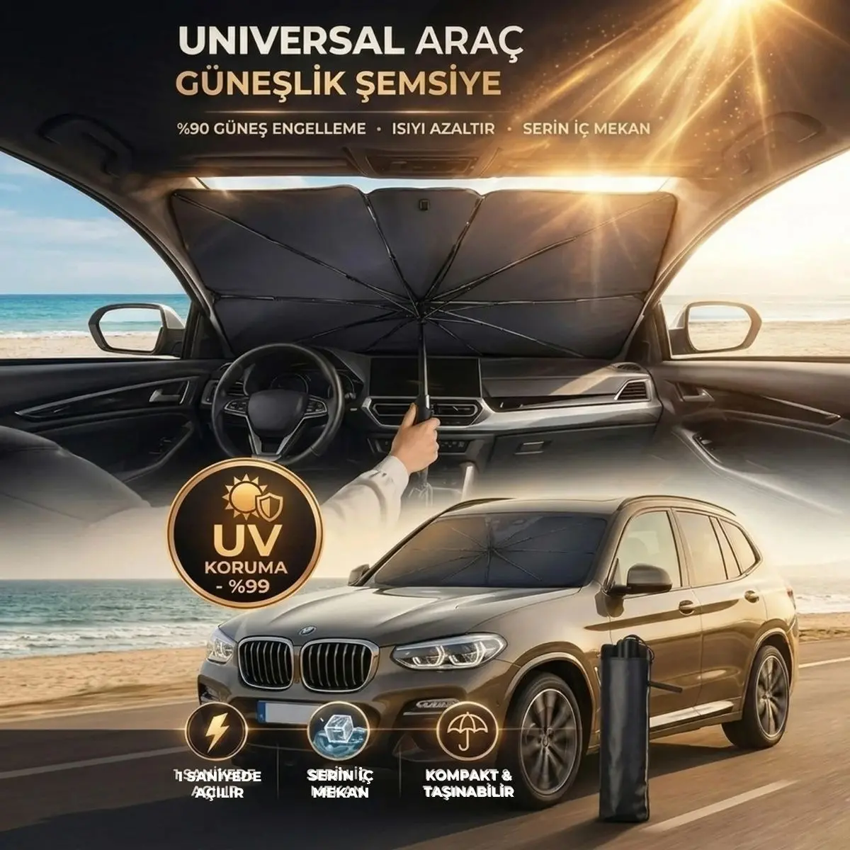 Premium Katlanabilir Araç Ön Cam Güneşliği – Şemsiye Tipi Oto Güneşlik, UV Korumalı Isı Yalıtımlı Ön Cam Gölgelik (4745)