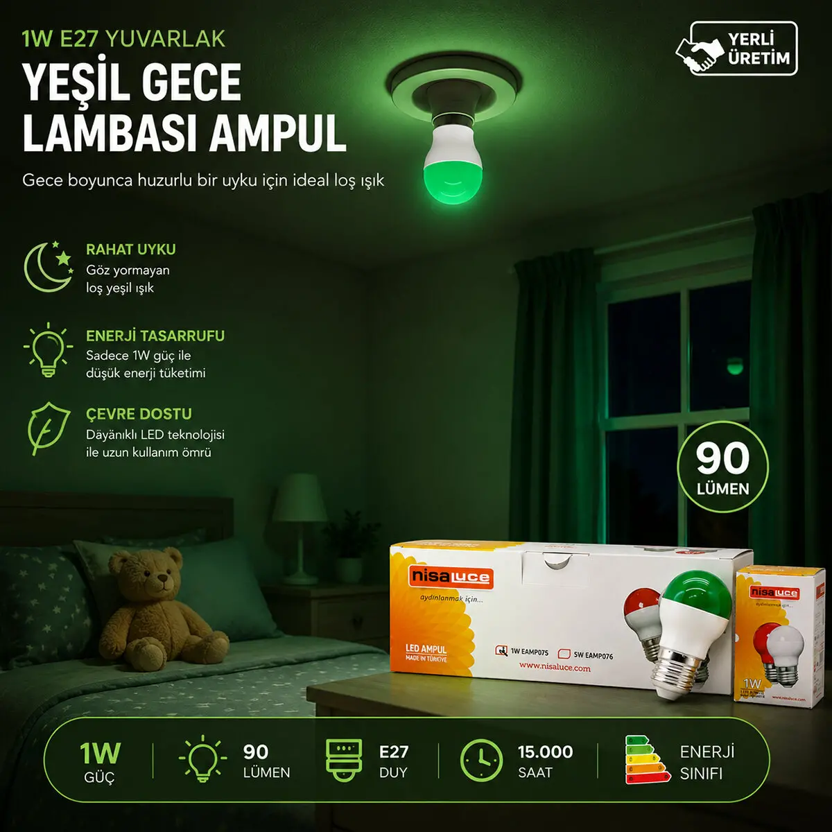 10 ADET 1W E27 YEŞiL YUVARLAK GECE LAMBASI LED AMPUL EAMP-075 (4745)