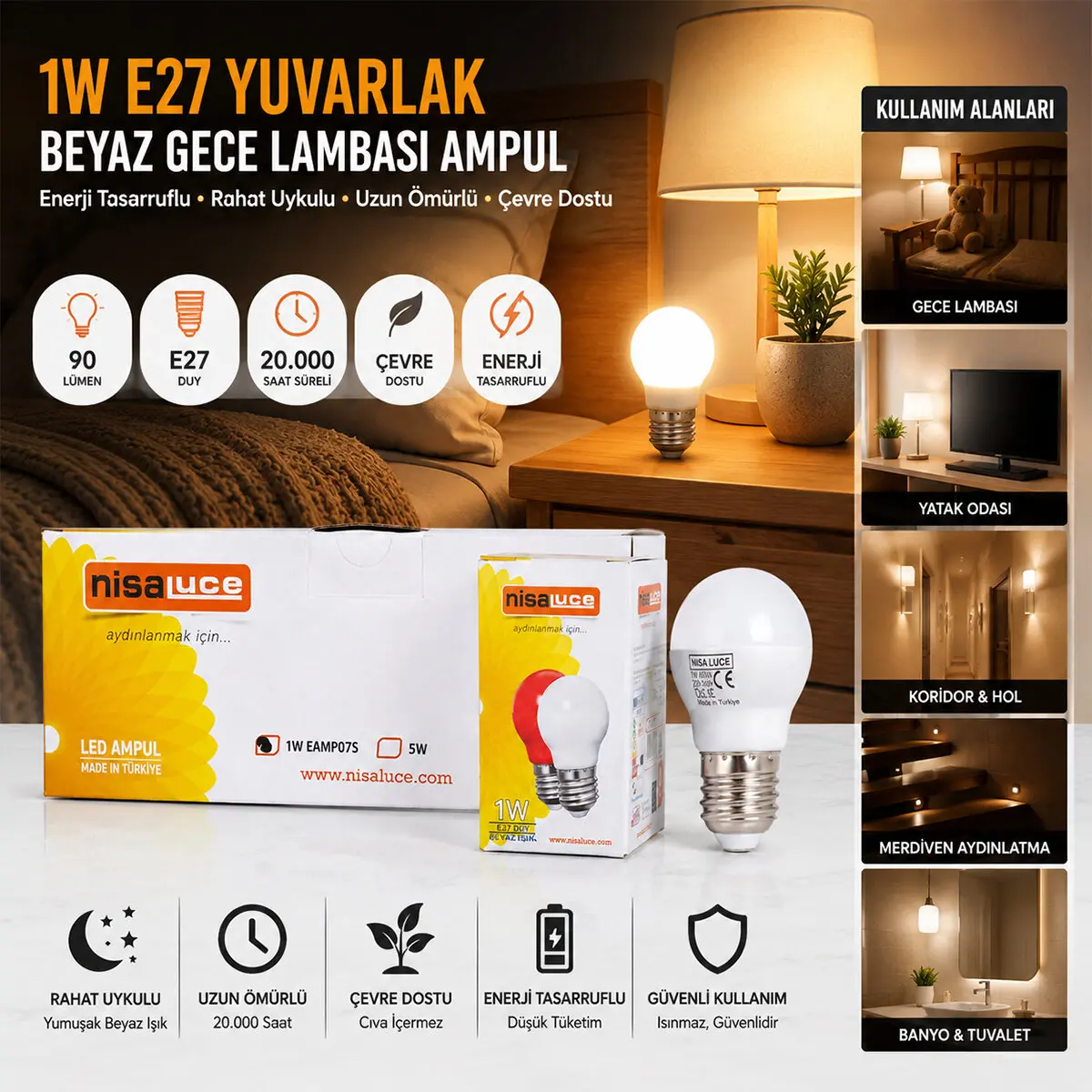 10 ADET 1W E27 BEYAZ YUVARLAK GECE LAMBASI LED AMPUL (4745)