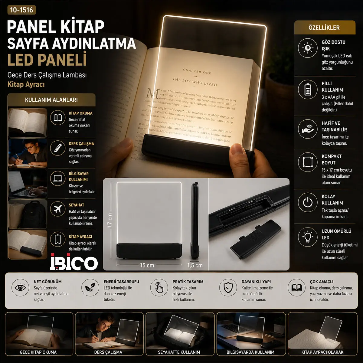 LIGHT PANEL KİTAP SAYFA AYDINLATMA LED PANELİ KİTAP OKUMA PİLLİ 15X17CM İ10-027 (4745)
