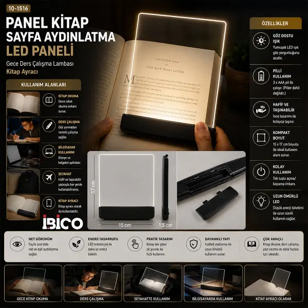 LIGHT PANEL KİTAP SAYFA AYDINLATMA LED PANELİ KİTAP OKUMA PİLLİ 15X17CM İ10-027 (4745)