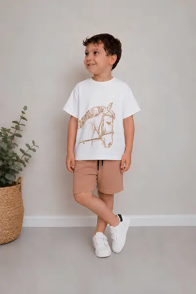 Erkek Çocuk Oversize Tişört Alt 2 İplik Şort Premium Kalite Belya Kids At Tasarım Alt Üst Takım