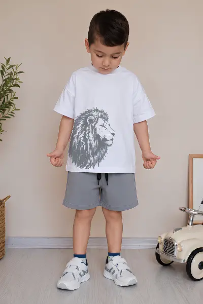 Erkek Çocuk Oversize Tişört Alt 2 İplik Şort Premium Kalite Belya Kids Aslan Tasarım Alt Üst Takım