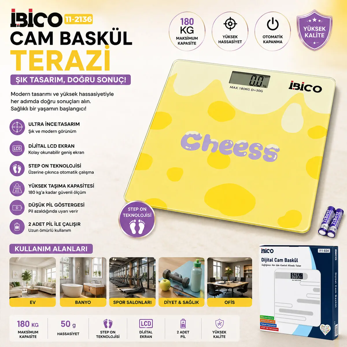 0221A DİJİTAL - PİLLİ DESENLİ RENKLİ CAM BANYO BASKÜL TERAZİ TARTI LCD EKRAN 180KG/50GR 26X26CM İ11-030 (4745)-2