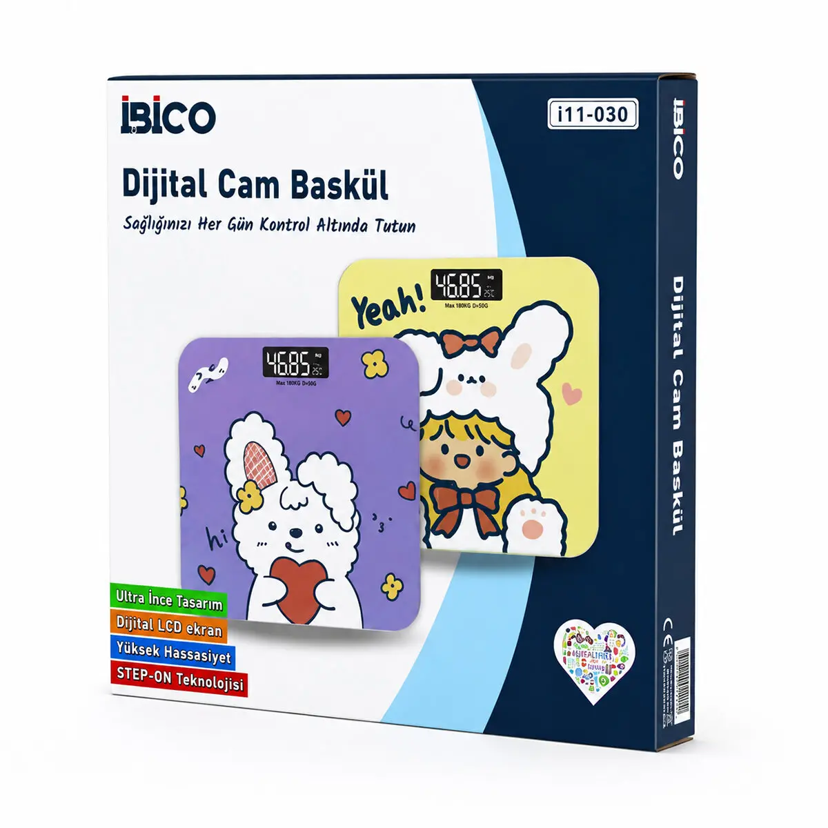 0221A DİJİTAL - PİLLİ DESENLİ RENKLİ CAM BANYO BASKÜL TERAZİ TARTI LCD EKRAN 180KG/50GR 26X26CM İ11-030 (4745)-3