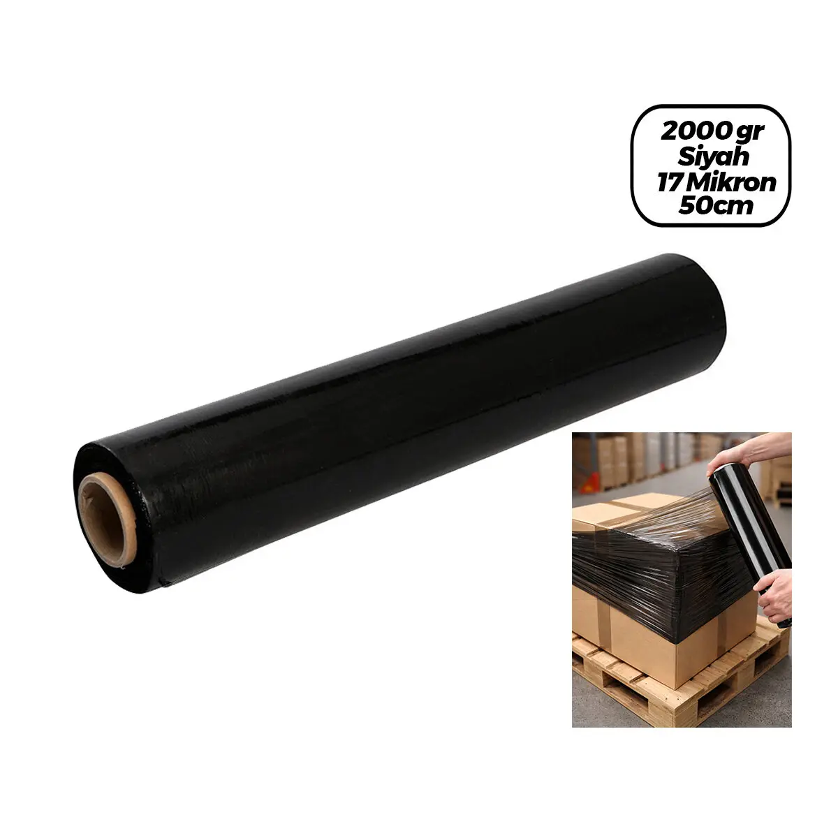 6 ADET BRÜT: 2000GR = NET STREÇ: 1500GR SİYAH KOLİ - PALET STREÇ FİLM 17 MİKRON 50CM (4745)