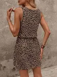 Kadın Askılı Yuvarlak Yakalı Beli Kusaklı Leopar Desenli Kısa Süprem Elbise-3