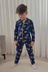 Erkek Çocuk Pamuklu Süet Kumaş 1 Gömlek Yaka Uyku Bantlı Düğmeli Uzun Kollu Pijama Takımı-3