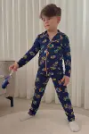 Erkek Çocuk Pamuklu Süet Kumaş 1 Gömlek Yaka Uyku Bantlı Düğmeli Uzun Kollu Pijama Takımı-4