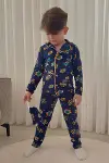 Erkek Çocuk Pamuklu Süet Kumaş 1 Gömlek Yaka Uyku Bantlı Düğmeli Uzun Kollu Pijama Takımı-5
