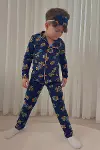 Erkek Çocuk Pamuklu Süet Kumaş 1 Gömlek Yaka Uyku Bantlı Düğmeli Uzun Kollu Pijama Takımı-1