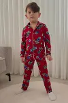 Erkek Çocuk Pamuklu Süet Kumaş2 Desen Gömlek Yaka Uyku Bantlı Düğmeli Uzun Kollu Pijama Takımı-4