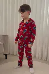 Erkek Çocuk Pamuklu Süet Kumaş2 Desen Gömlek Yaka Uyku Bantlı Düğmeli Uzun Kollu Pijama Takımı-6