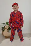 Erkek Çocuk Pamuklu Süet Kumaş3 Gömlek Yaka Uyku Bantlı Düğmeli Uzun Kollu Pijama Takımı-1
