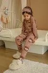 Kız Çocuk Pamuklu Süet Ayıcık Desenli Gömlek Yaka Uyku Bantlı Düğmeli Uzun Kollu Pijama Takımı-3