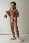 Kız Çocuk Pamuklu Süet Ayıcık Desenli Gömlek Yaka Uyku Bantlı Düğmeli Uzun Kollu Pijama Takımı-4